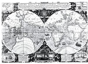 Mapa světa; Vera Totius Expeditionis Nauticae, mapující obeplutí zeměkoule (vlevo) Sir Francis Drake (1540-96) a (vpravo) Thomas Cavendish (1560-92) kolem 1595